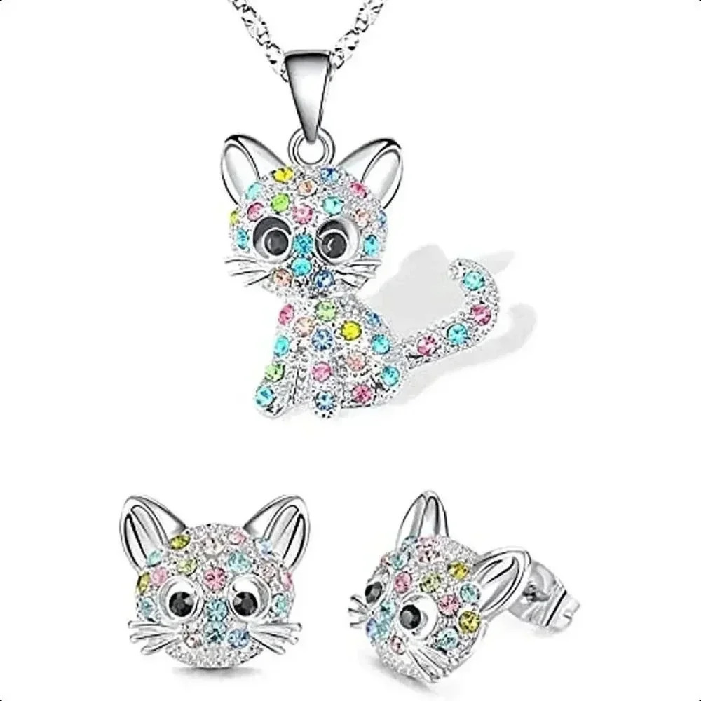 Sparkly Colorful Rhinestones & Silverplated Kitty Cat Earrings & Necklace Set